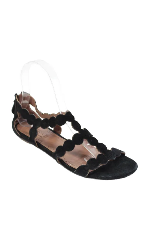 Alaia Womens Black Suede Strappy Flat Sandals Shoes