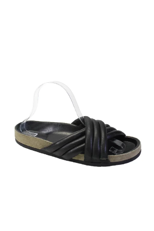 Isabel Marant Womens Leather Padded Cross Strap Slide On Sandals Black