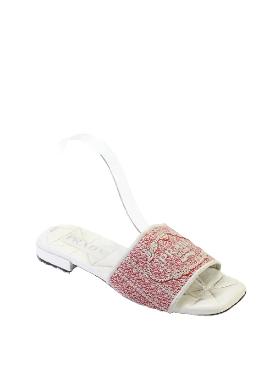 Prada Women's Open Toe Straps Quilted Slip-On Slides Sandals Cream