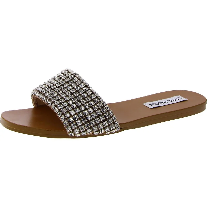 Steve Madden Womens Heather Rhinestone Flat Slide Sandals