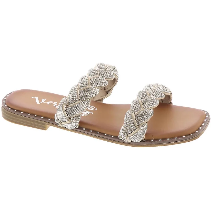 Very G Womens Twisty Rhinestone Flat Slide Sandals