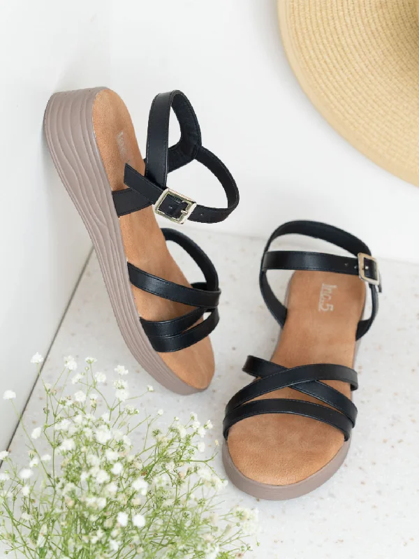 Womens Black Casual Strappy Round Toe Sandals