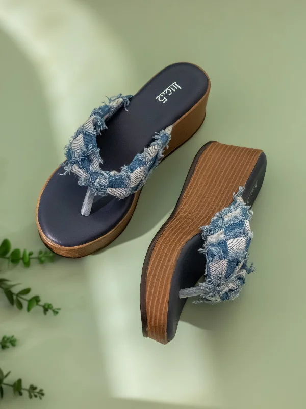 Womens Blue Casual Printed Thong Wedges Sandals