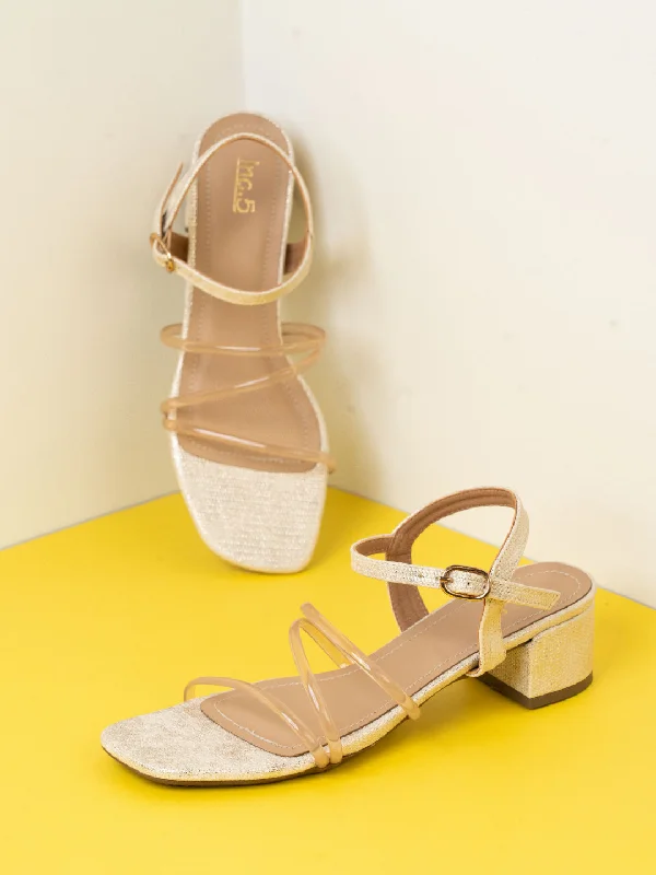 Womens Gold Party Wear Strappy Square Toe Sandals