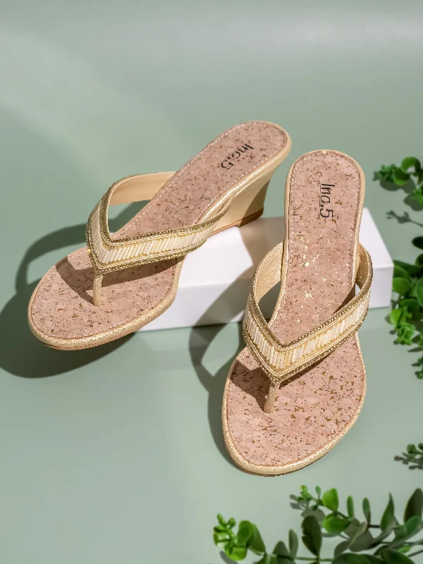 Womens Golden Ethnic Open toe Wedges Sandals