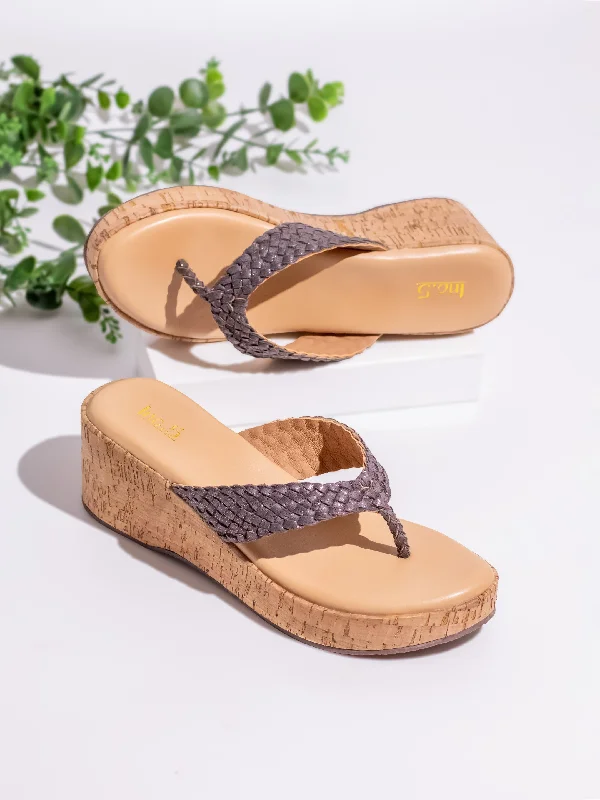 Womens Grey Casual Embellished Thong Wedges Sandals