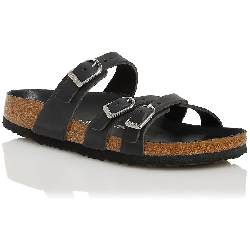 Womens Leather Footbed Slide Sandals