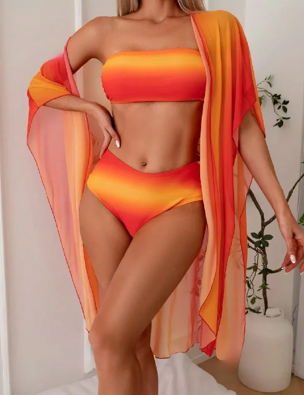 3 Pack Sunset Ombre Bandeau Bikini & Kimono