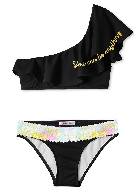 "You Can Be Anything" Black One Shoulder Bikini with Sequin Belt