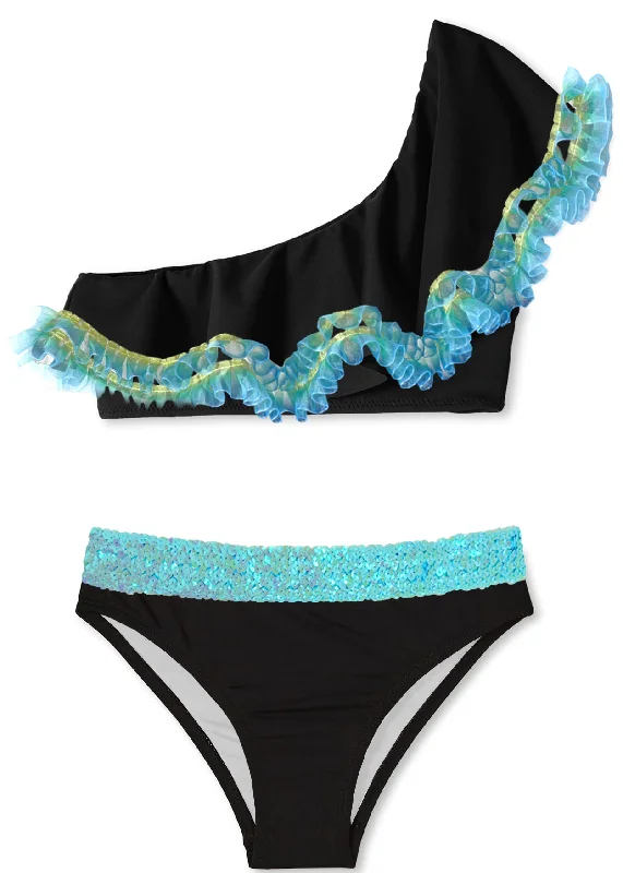 Black Anemone Fringe One Shoulder Bikini with Aqua Sequin Belt