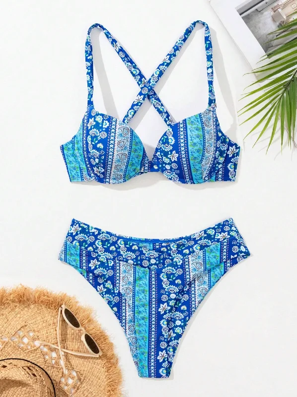 Blue Paisley Lace Up Bikini Set