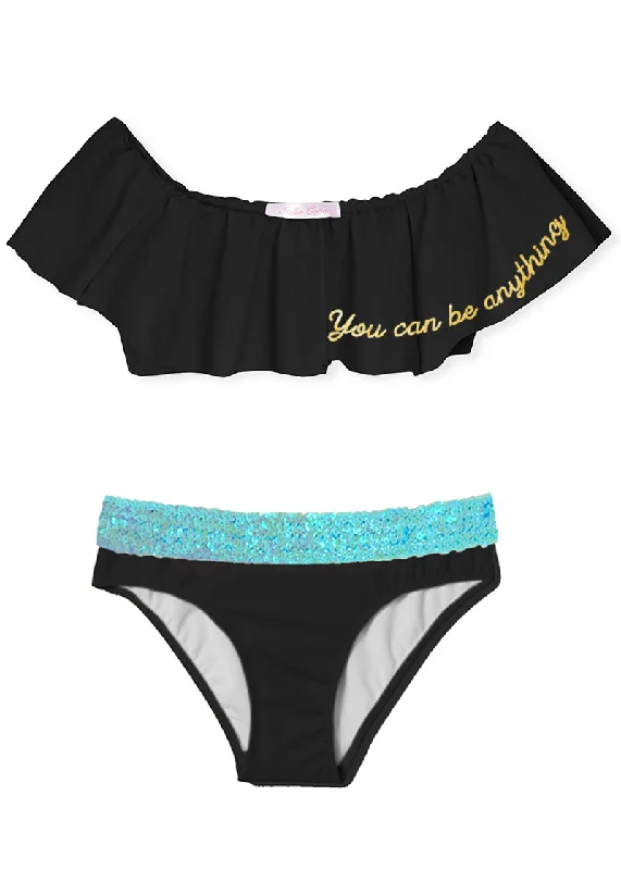 You Can Be Anything Black Bikini with Aqua Sequin Belt