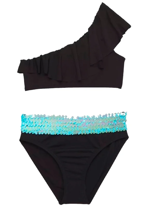 Black One Shoulder Bikini with Aqua Sequin Belt