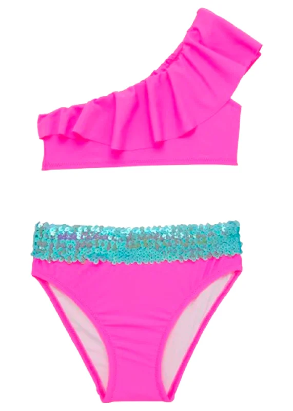 Neon Pink One Shoulder Bikini with Aqua Sequin Belt