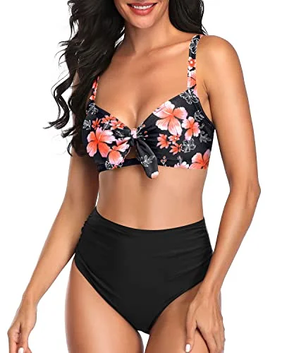 Knot Tie Bathing Suits Women Two Piece High Waisted Bikini Set-Pink Flower