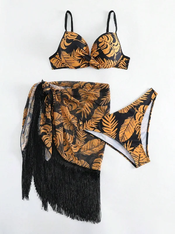 Monstera Print Push Up Bikini & Fringe Trim Wrap Set