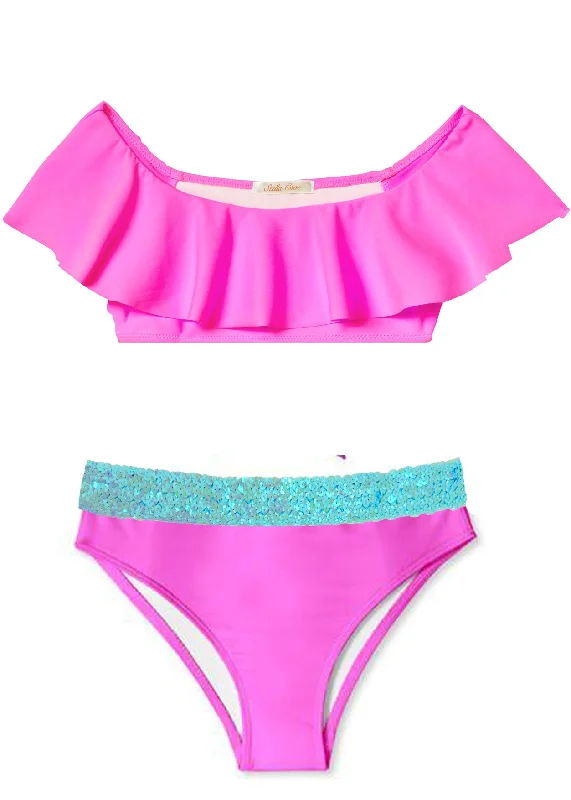 Neon Pink Ruffle Bikini with Aqua Sequin Belt