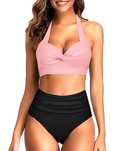 Retro Halter Two Piece Ruched Bikini Sets