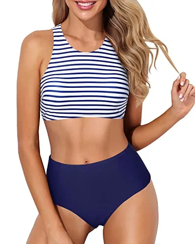 Tank Style High Neck Racerback Two Piece Bikini Set-Blue White Stripe