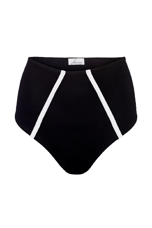 Black High Waist Bikini Bottom with White Stripes