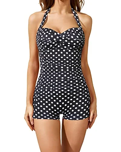 Twist Front Bandeau Swimsuits Retro One Piece Bathing Suit-Black Dot