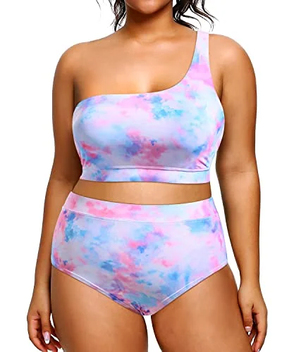 Two Piece One Shoulder High Waisted Plus Size Women's Bikini Swimsuit