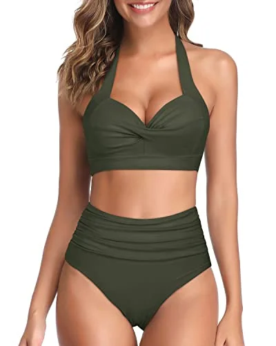 Women's Vintage Retro Halter High Waist High Leg Bikini Swimsuit-Army Green