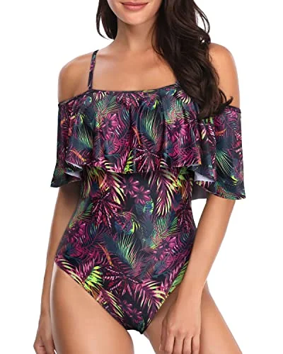 Feminine One Piece Swimsuit Off Shoulder Ruffles-Purple Leaf