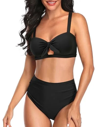 Women Two Piece Vintage Swimsuits High Waisted Bikini Set Tummy Control Ruched Tie Knot Swimwear