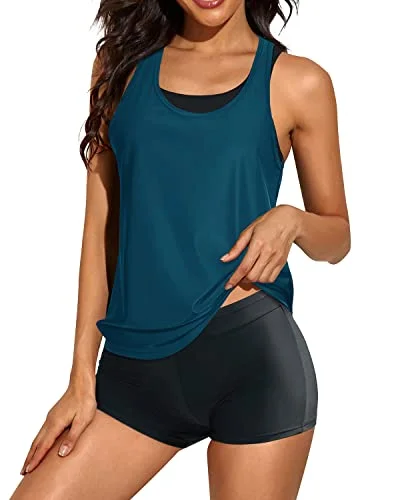 Women's 3 Piece Scoop Neck Criss Cross Tankini Swimsuits-Teal