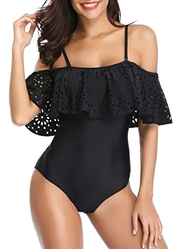 Flattering One Piece Swimsuit Sleeves Tummy Control Swimwear-Black