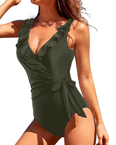 Women V Neck Tie Side Wrap Slimming Tummy Control One Piece Swimsuits-Army Green