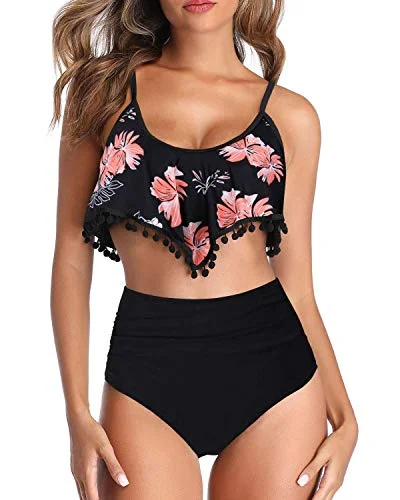 Comfortable Full Tummy Control High Waisted Bikini-Black Orange Floral