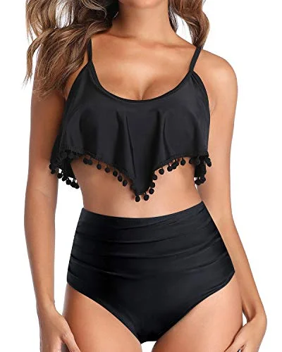 2 Piece Adjustable Spaghetti Straps Removable High Waisted Bikini-Black