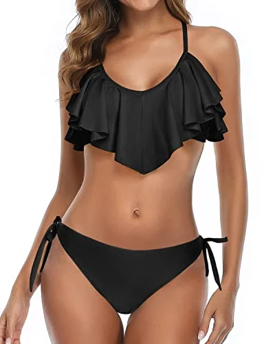 Cross Back Bathing Suit Two Piece Flounce Bikini-Black