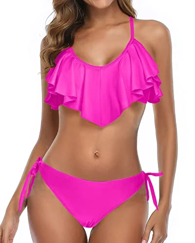 Flattering Two Piece Bikini Women Cross Back Bathing Suit-Neon Pink