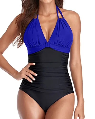 Sexy Plunge Deep V Neck Swimsuits Long Torso 1 Piece Swimwear-Royal Blue And Black