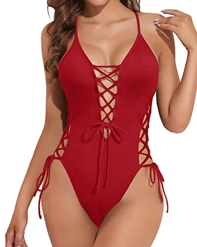 Deep Plunge V Neck Bathing Suits Womens 1 Piece Swimsuits-Red