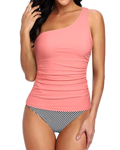 Slimming Swimming Suit For Women Tankini Two Piece-Coral Pink Stripe