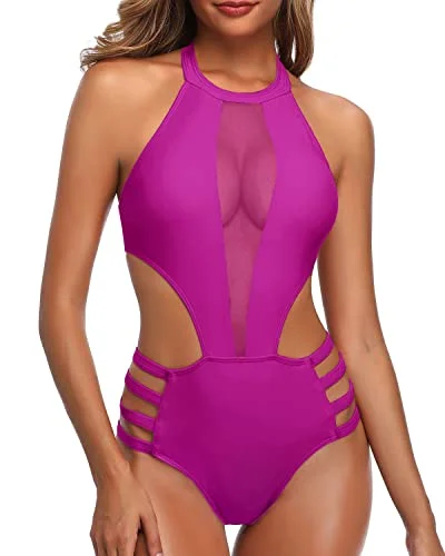 Halter Straps Tie Neck Hook Closure One Piece Monokini Swimwear-Hot Pink