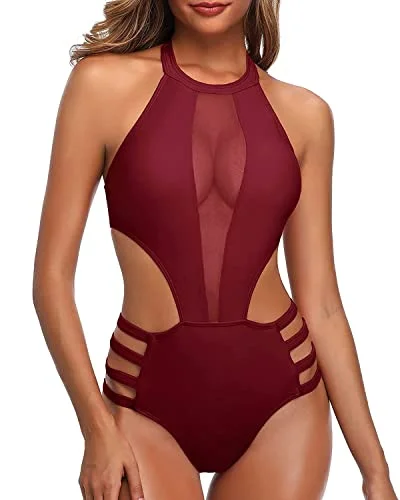 Removable Push Up Bra Mesh Cutout One Piece Monokini Swimwear-Maroon