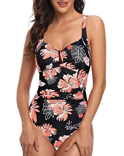 Sexy Retro Style Adjustable Halter Straps Flattering One Piece Swimsuits-Black Orange Floral