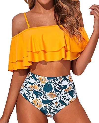 Flattering Off Shoulder Two Piece Bathing Suit-Yellow Floral