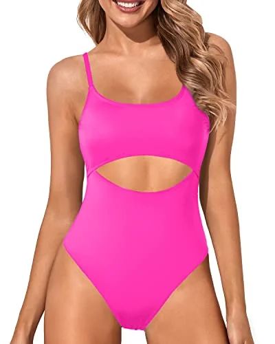 Women's Sexy Lace Up Cutout Strappy One Piece Swimsuit-Neon Pink