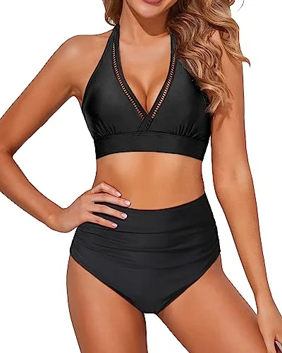 Women's High Waisted Two Piece Swimsuits Halter Tummy Control Bikini Sets