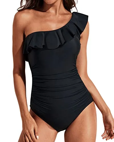 Retro Women's Tummy Control Ruffle One Shoulder Swimsuit-Black