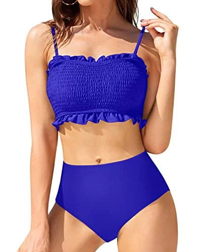 Women's Bandeau Two Piece Smocked Ruffled Bikini-Royal Blue