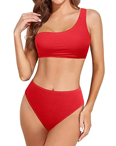 Women's High Waisted One Shoulder Bikini High Leg Cut-Red