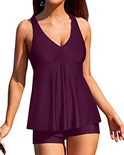 Elegant Women's Tankini Set V Neck Bathing Suit-Maroon