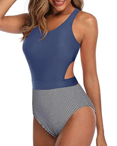 Modest Swimsuit Flattering Women One Piece Swimsuits-Blue White Stripe